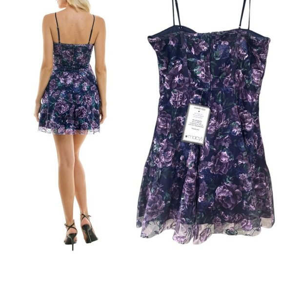 TRIXXI PURPLE FLORAL CORSET MESH FIT FLARE PARTY DRESS SZ. 9 MEDIUM NWT - Picture 3 of 5